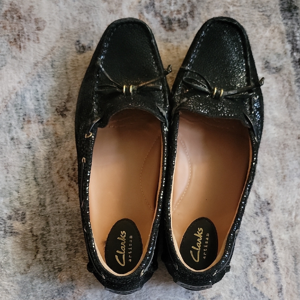 Clarks Shiny Black Loafers with Bow Accent